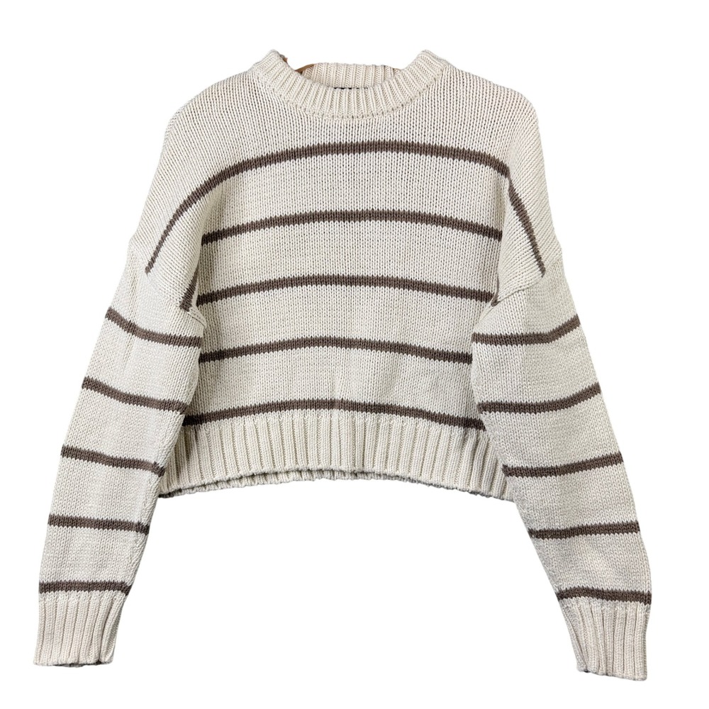 Jenni Kayne Chloe Crewneck Striped 100% Cotton Sweater Ivory Brown Size XXS